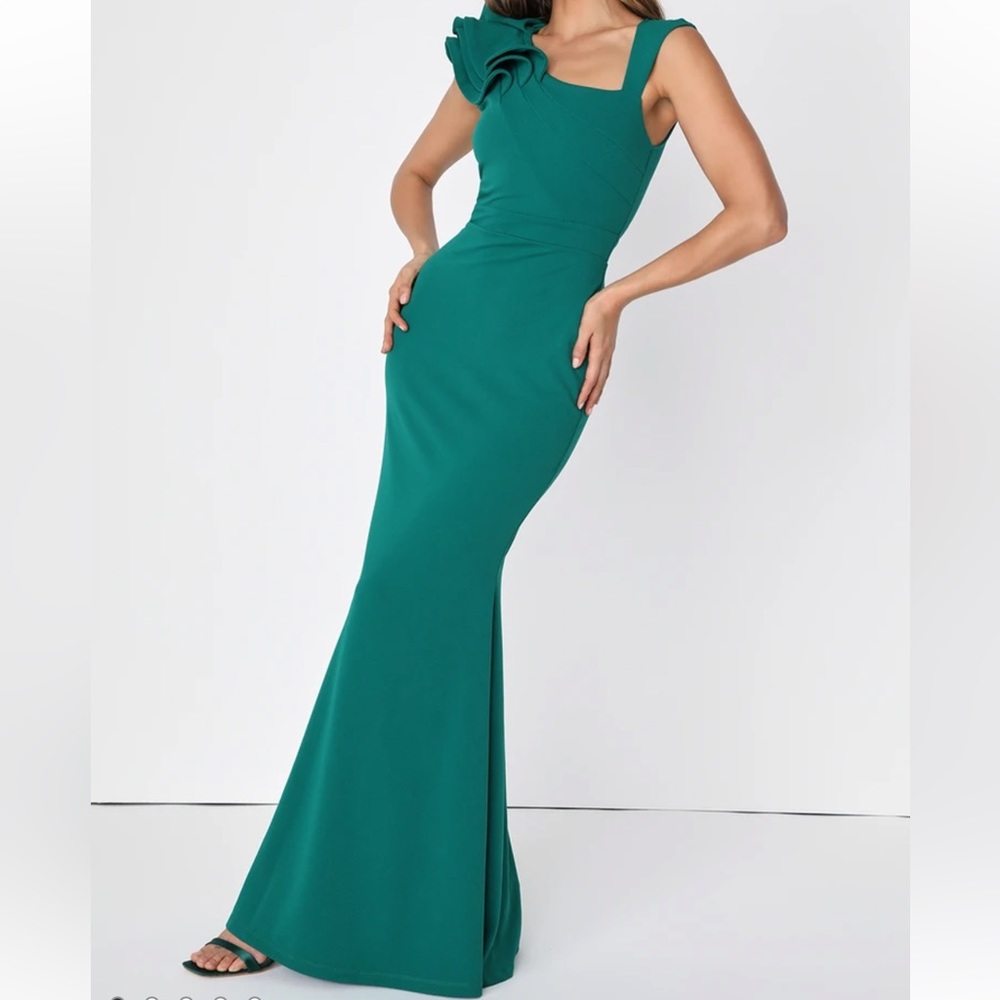 Lulu's Emerald Green One-Shoulder Ruffle Maxi Dress